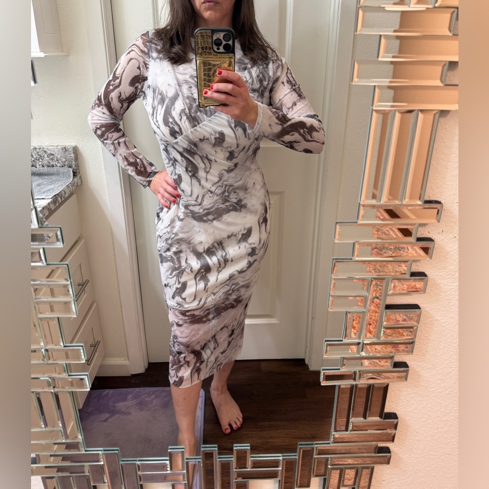 White/Gray short dress under a sheer, long-sleeve, marbled gray dress. Size 10